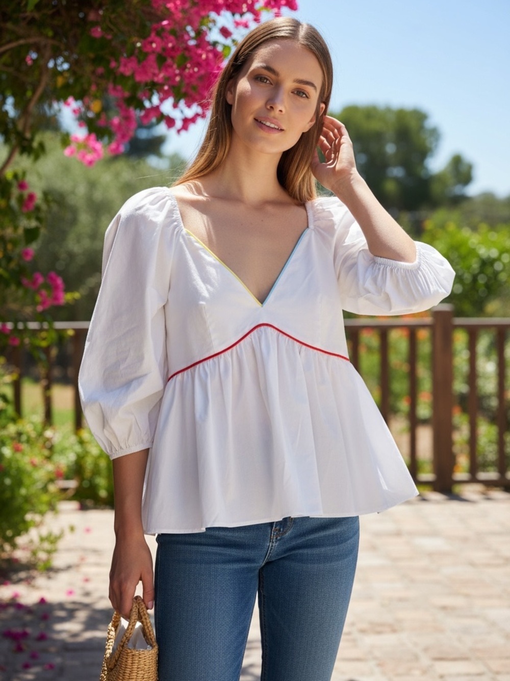 STAUD Dani Blouse Womens 0 White Cotton Poplin Puff Sleeve Peplum Top $245